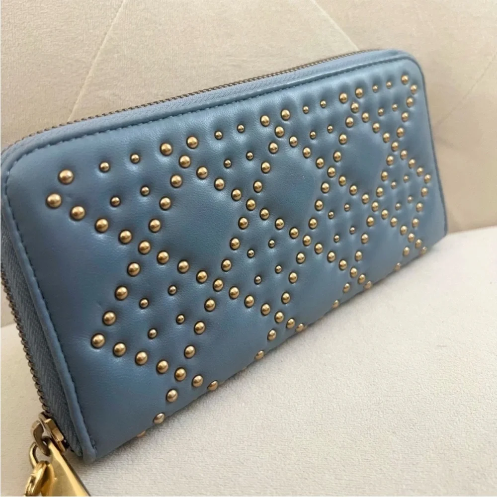 Authentic Christian DIOR Blue Leather x Studs Long Zippy Wallet W/ Charm EUC